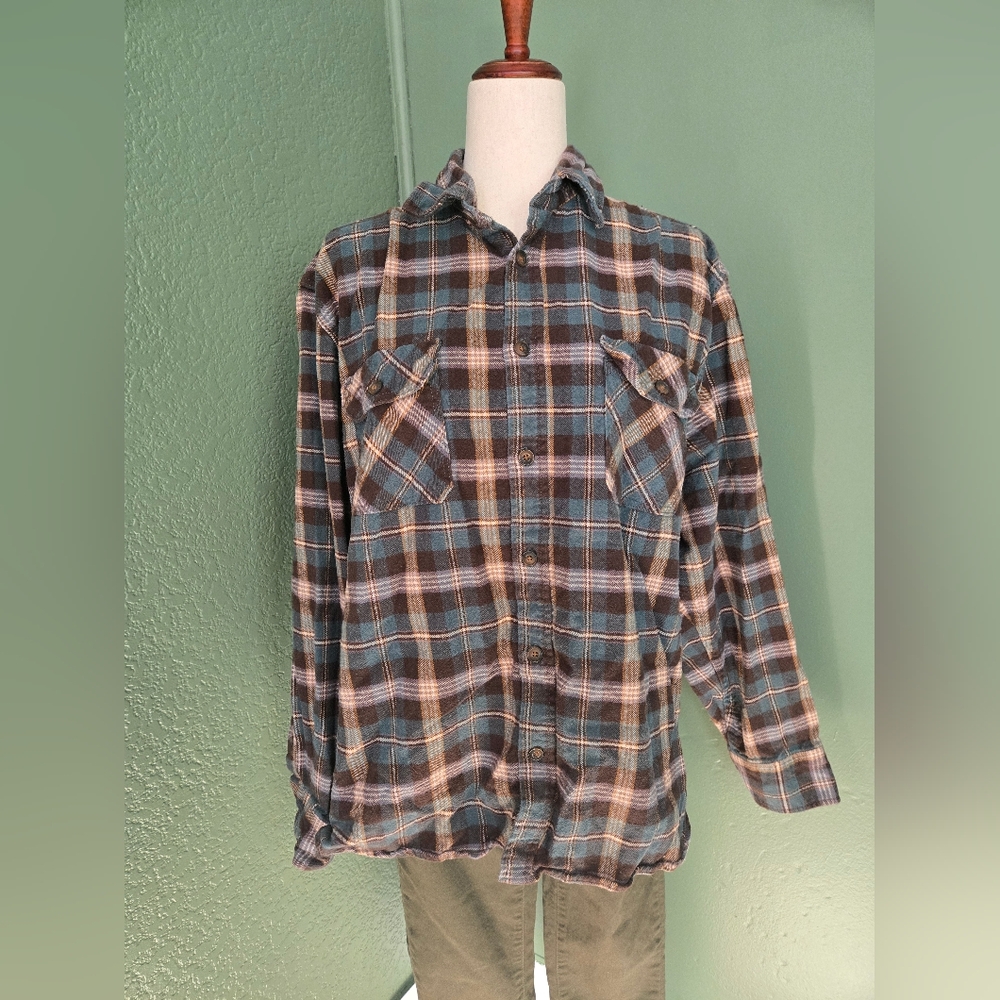 Jach's MFG Heritage Flannel Button-Up Shirt Green Brown Tan 100% Cotton